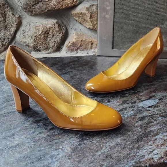 J.Crew Patent Leather Mustard Gold Heels Size 5.5 - Picture 1 of 17